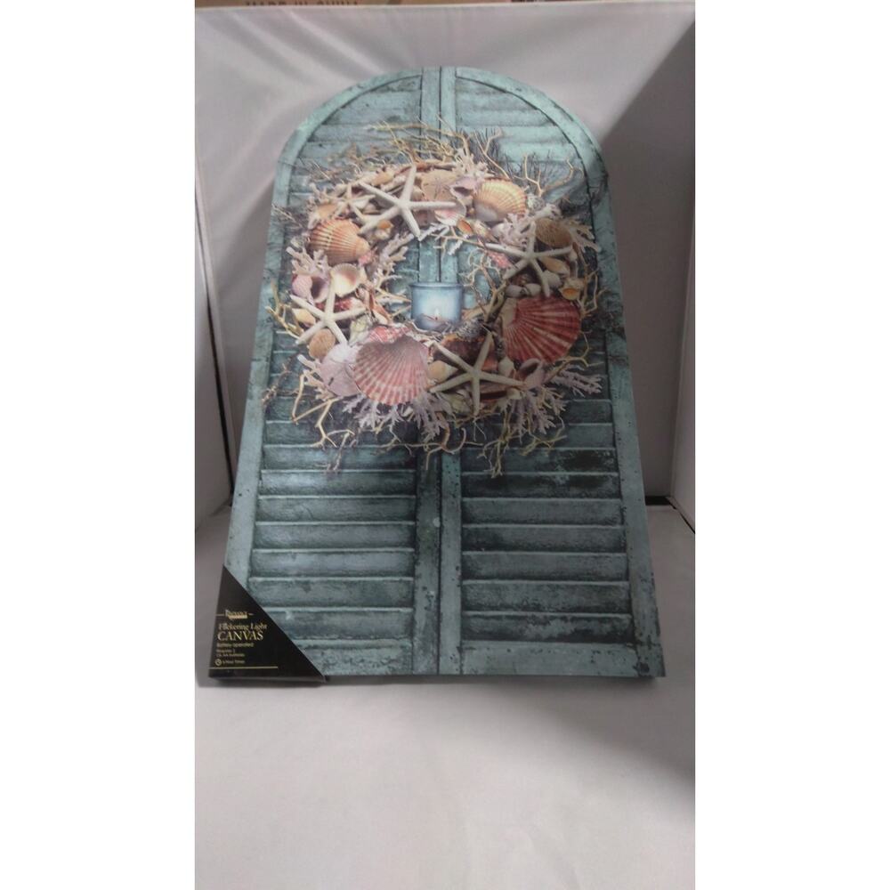 Lighted Seashell Canvas- Flickering LED Lights: Shutter Style Coastal Wall Art